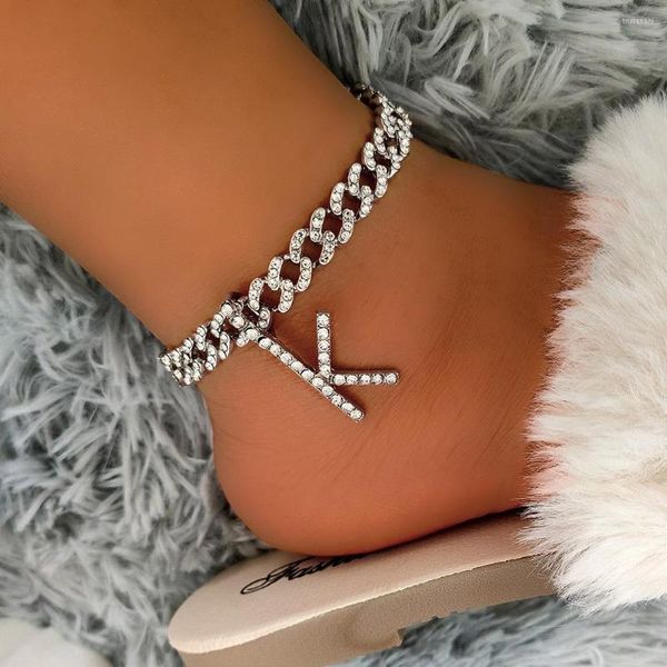 Bracelets de cheville brillant cristal lettre initiale pour les femmes couleur argent plein strass lien cubain cheville Alphabet Bracelets bijoux de plage