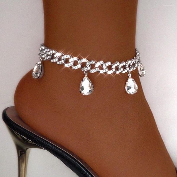 Bracelets de cheville couleur argent Transparent cristal pierre grosse chaîne en métal bijoux en gros strass Miami cubain cheville Bracelet femmes
