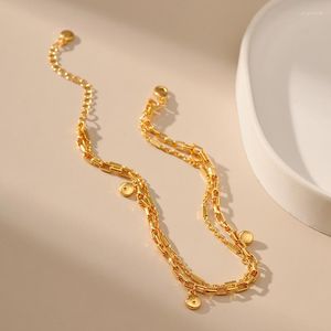 Bracelets de cheville Simple chaîne à Double lien plaqué avec pendentif rond bohême en or 18K longueur réglable bracelet de cheville en métal pour femmes bijoux