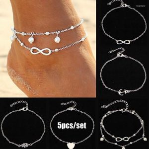 Chevilles Simplevintage 5pcs Set Coart Anchor Head Artificial Pearl Alloy Foot Jewelry Juned Bracelets pour femmes Cadeaux
