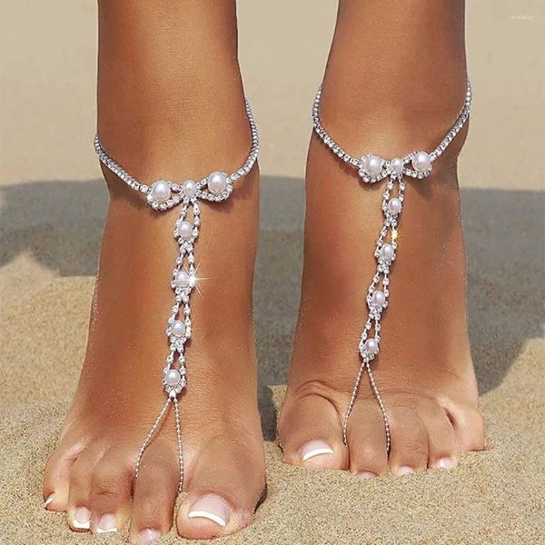 Chevilles simulées perle pour femmes tendance 2024 Boho Summer Beach Accessoires Bracelet à pied en strass