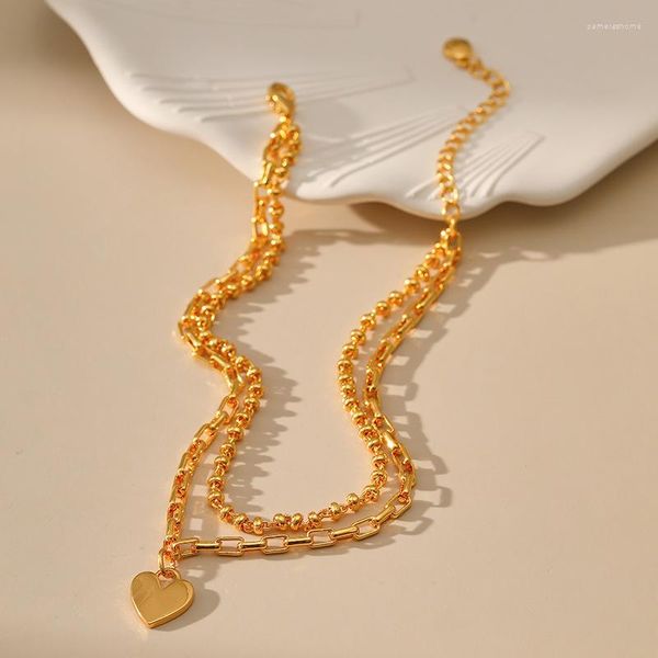 Tobilleras Pequeño colgante de corazón de melocotón Tobillera de doble cadena Moda 18k Chapado en oro Simple para mujeres Accesorios de joyería de uso diario