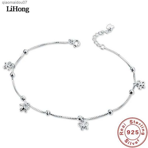 Tobilleras Pulsera de plata sólida 925 para mujer Tendencia de moda de verano Colgante de corazón de mariposa 100% 925 Pulsera de plata pura JewelryL2403