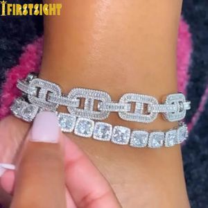 Tobilleras Square Charm Anklet 10mm Iced Out Bling Silver Color 5A CZ Zircon Cadena de tenis para mujeres Joyería Hiphop 231102