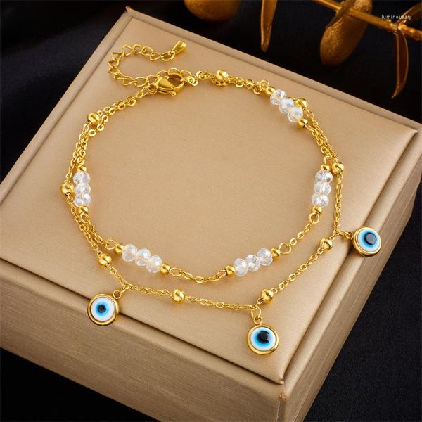 Bracelets de cheville en acier inoxydable Double couche yeux cheville pour femmes fille tendance pieds poignet chaînes Non-fading bijoux cadeau fête