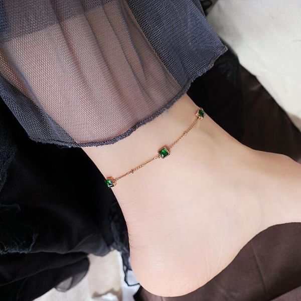 Bracelets de cheville en acier inoxydable, Imitation de gemme verte carrée pour femmes, accessoires de bijoux fins à la mode, cadeaux de fête, SAB619Anklets