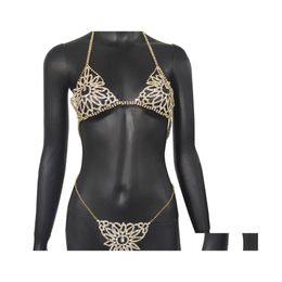 Tobilleras Stonefans Exquisita Flor Ropa interior Rhinestone Bikini Cadena Cristal Sexy Cuerpo Sujetador Tanga Conjunto Ropa interior Mujer Joyería C3 D DHZ9G