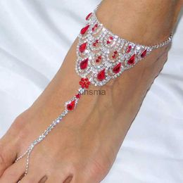 Stonefans rubis rouge cristal cheville strass pied chaîne pour femmes Boho strass doigt orteil cheville pieds nus sandale pied bijoux YQ240208