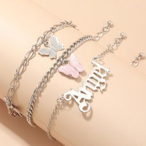 Ankjes Summer Beach Ankle Bracelet Girls Butterfly Angle Letter Alfabet Roze Pendant Legering Meerlagige voet sieraden voor dames