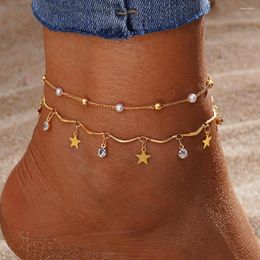 Bracelets de cheville été plage cheville pour femmes pentagramme étoiles cristal pendentif perle chaîne de perles Simple mode bijoux cadeau