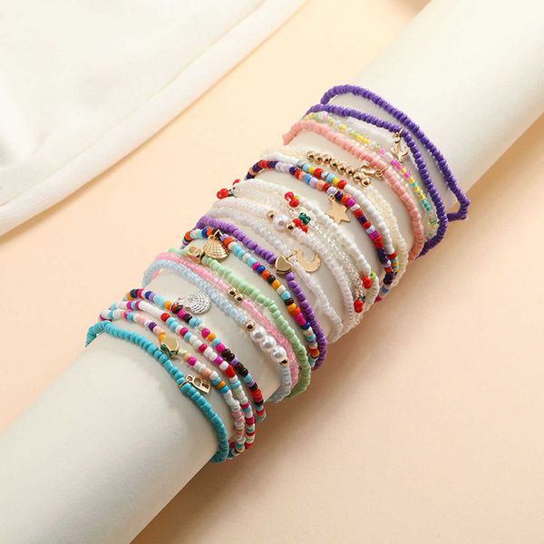 Tobilleras Verano Bohemio Tobillera Vidrieras Granos de Arroz Elástico Estrella Luna Colgante Cereza Tobillera Hecha A Mano Pulsera Pie Pierna Joyería G220519