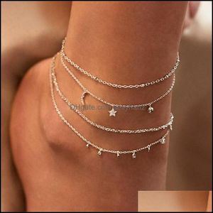 Bracelets de cheville été Boho lune étoile cheville pour femmes or Mtilayer cristal cheville Bracelet pied chaîne jambe plage accessoires bijoux