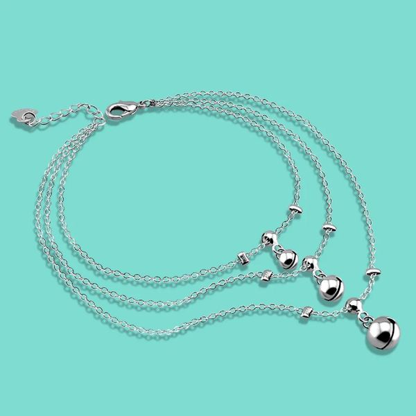 Tobilleras Populares de verano para mujer, tobillera de plata de ley 925 auténtica, cadena de plata con campana de tres capas bohemia, pulsera de tobillo de 25CM, joyería