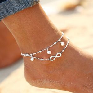 Bracelets de cheville été Vintage pied bijoux 8 chaîne simulé-perle femmes couleur or mode cheville Bracelet pour jambe plage