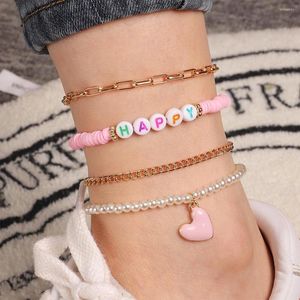 Chevilles sweet rose coeur pendentif mignon lettre de joyeuse chaîne de perle de perle fille fille étudiante bracelet d'été