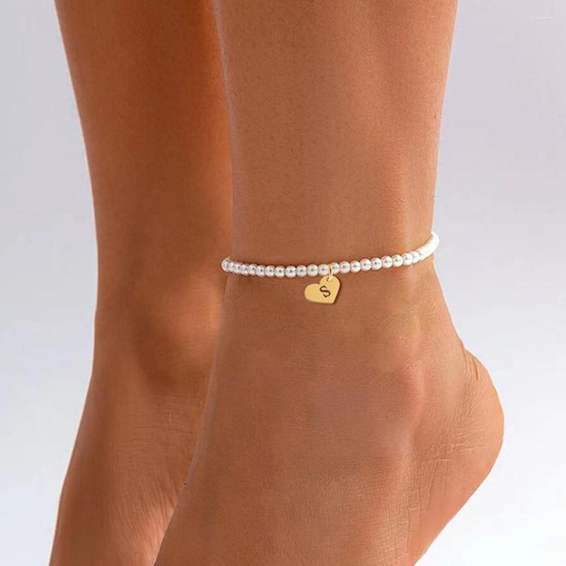 Anklets Trendy Heart A-Z Initial Letter Women Anklet Temperamental Width 4mm Imitation Pearl For Jewelry Gift
