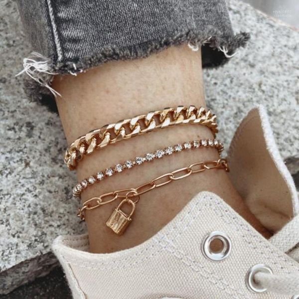 Bracelets de cheville tendance multi couche chaîne en or pour femmes dames serrure pendentif bracelet de cheville sur la jambe pieds nus sandale plage bijoux1 Roya22