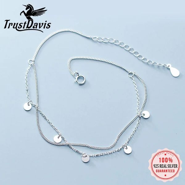 Bracelets de cheville Trustdavis 925 en argent Sterling mode doux Double couche ronde plaquette chaîne bracelets de cheville pour les femmes saint valentin cadeau bijoux DA671 231102