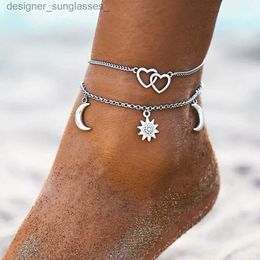 Bracelets de cheville deux couches chaîne coeur lune soleil or argent couleur bracelets de cheville pour femmes Bracelets été pieds nus sandales bijoux sur pied LegL231116