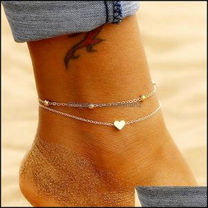 Bracelets de Cheville Deux Couches Chaîne Coeur Style Or / Couleur Sier Pour Femmes Bracelets D'été Sandales Aux Pieds Nus Bijoux Sur Pied Drop Delivery 2021 2I0Lg