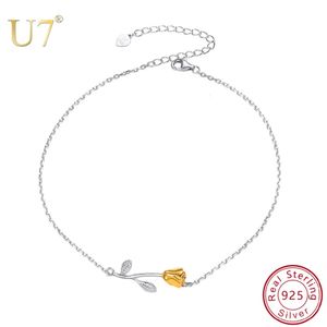 Bracelets de cheville U7 925 en argent Sterling cheville femmes pieds nus jambe chaîne Rose fleur pied Bracelet été plage bijoux cadeau pour la fête des mères 231115