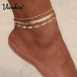 Vienkim 3 pièces lot cristal paillettes cheville ensemble plage pied bijoux Vintage cheville bracelets pour femme été fête cadeau 20221339F