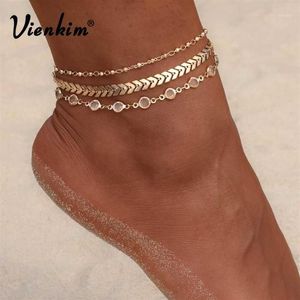 Vienkim 3 pièces lot cristal paillettes cheville ensemble plage pied bijoux Vintage cheville bracelets pour femme été fête cadeau 20221305o