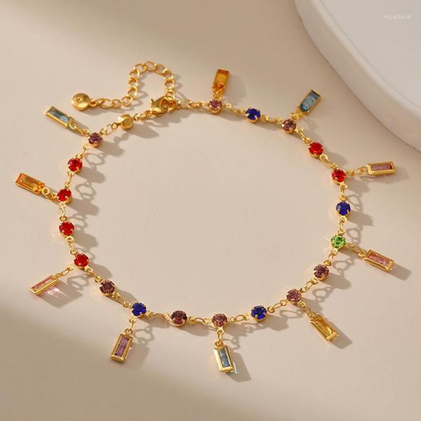 Bracelets de cheville Vintage plaqué or 18 carats avec longue bande pendentif en cristal coloré exquis Style bohème femmes bijoux accessoires