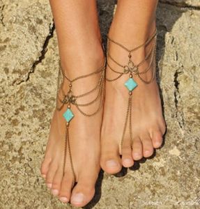 Anklets Vintage Antique Gold Meerlagige keten Summer Beach Bohemia Toe Ring On Leg Enkle For Women Charm Foot Sieraden