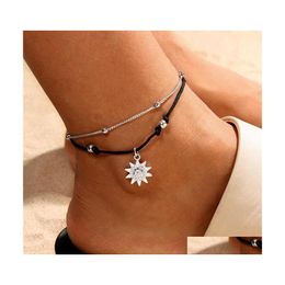 Enkelbanden vintage boho dubbele laag kralen enkelarmband voor vrouwen mode zon hangend Anklet handgemaakte voetketen strand sieraden 562 t2 dhcyo