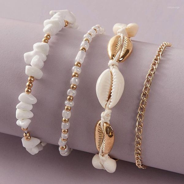 Tobilleras Vintage Boho Shell piedra multicapa pulsera para mujer encanto mar playa gota perla pies pierna cadena verano joyería conjunto regalo