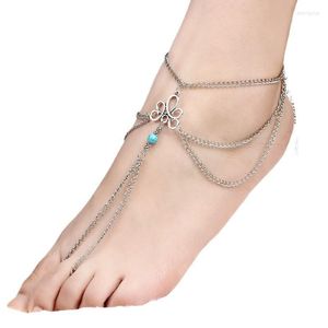 Bracelets de cheville Vintage creux fleur opale sur la jambe Simple couleur argent gland chaîne orteil anneau cheville pour femmes bohême pied bijoux Marc22