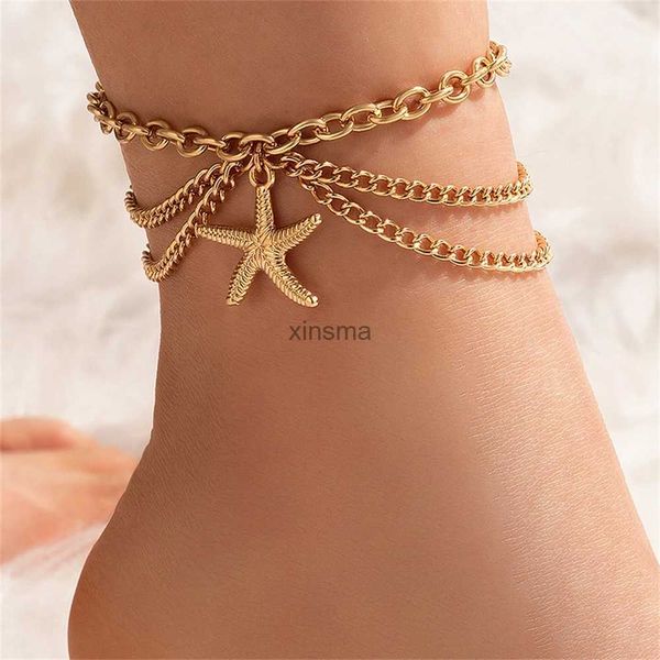 Tobilleras Colgante de estrella de mar vintage Pulseras de tobillo de múltiples capas Tobilleras de playa de verano simples para mujer Joyería Boho Tobillera Accesorios de cadena YQ240208