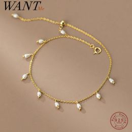 Bracelets de cheville WANTME 925 en argent Sterling mode Simple chaîne Baroque perle gland cheville pour les femmes élégant mariage français bijoux accessoires 231121