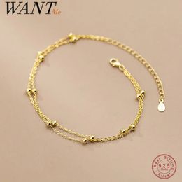 Bracelets de cheville WANTME 925 en argent Sterling mode Double bracelet de cheville pour les femmes été plage charmant minimaliste rond perle gothique chaîne bijoux 231027