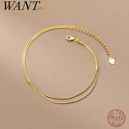 WANTME 925 Sterling Zilver Eenvoudige Dubbele Slang Bot Ronde Kralen Charm Enkelbandje voor Vrouwen Fijne 18k Gouden Ketting Boheemse Sieraden 231027