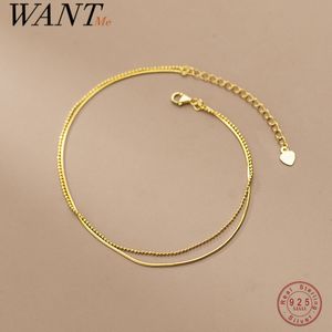 WANTME 925 Sterling Silver Simple Double Snake Bone Round Beads Charm Anklet for Women Fine 18k Gold Chain Bohemian Jewelry 230808