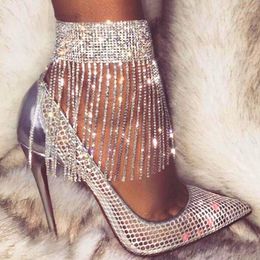 Bracelets de cheville pour femmes, gros pompon exagéré, brillant, chaîne de pied en diamant complet, boîte de nuit, fête, chaussures à talons hauts, accessoires