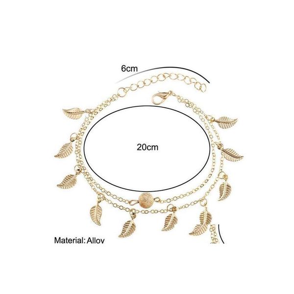 Tobilleras Mujeres Gold Sier Leaf Charm Pulsera de cadena doble Moda 18K Tobilleras Pulseras Joyería de pie Drop Delivery Dhjoy