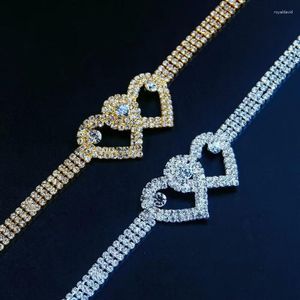 Bracelets de Cheville Femmes Coeur Creux Pied Chaîne Jambe Ins Mode Argent Strass Double Bijoux