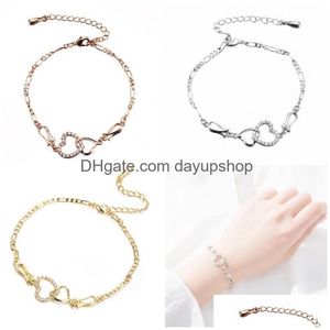 Enkelbanden Vrouwen Zomer Strand Voeten Sieraden Goud Sier Rose Verstelbare Cz Dubbele Harten Enkelband Ketting Armband Voor Bruiloft 295 W2 Dr Dhij3