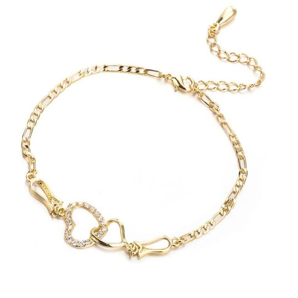 Bracelets de cheville femmes bijoux d'été 18 carats plaqué or jaune CZ double coeurs bracelet de chaîne de cheville pour les filles fête livraison directe Dhiqm