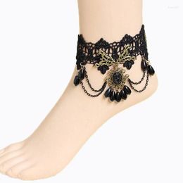 Bracelets de cheville femmes Lolita gothique fait à la main noir blanc chaîne en couches fausse perle goutte pierre fleur dentelle cheville cheville sandales pieds nus Bracelet