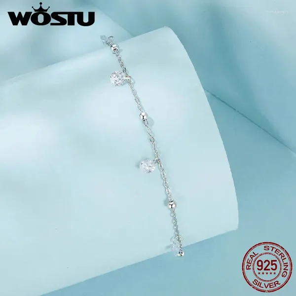 Chevilles wostu 925 argent sterling zircon éblouissant cheville blanc plaqué chaîne mince réglable pour femmes fine bijoux fête quotidienne cadeau