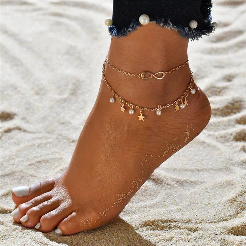 Anklets Wukalo Bohemian pärlor ankelarmband för kvinnor benkedja runda tassel anklet sommar vintage fot smycken tillbehör