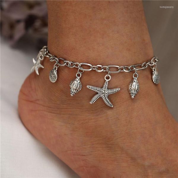 Bracelets de cheville WUKALO Punk Vintage couleur argent étoile de mer coquille pendentif pour femmes bohème été Bracelet sur jambe bijoux en gros