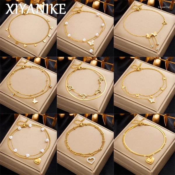 Anucletas Xiyanike 316L Acero inoxidable para mujeres Luxury Gold Color Double Seart Seart Bracelet impermeable joyas de playa de verano