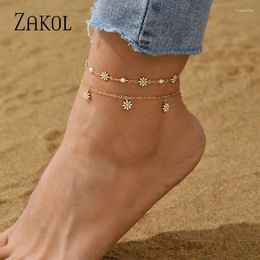 Enkelbanden ZAKOL Leuke Zon Bloem Voor Vrouwen Mode Daisy Beach Dubbellaags Enkelbandje Bohemian Zomer Sandalen Sieraden