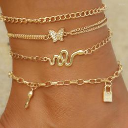 Anklets Zovoli Bohemia Gold Color Snake Enkle Bracelet Set voor Women Butterfly Key Lock Charm Anklet Chain On Leg Boho Sieraden Gift