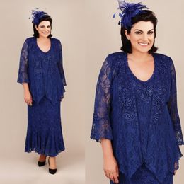 Ann Balon Moeder van de Bruid Jurken Koninklijke Blauwe Zeemeermin Kant Moeders Bruiloft Gastjurk Ankel Lengte Plus Size Mother's Groom-jassen